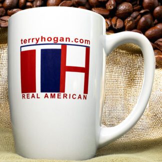 White ceramic coffee cup with patriotic Red, White, and Blue logo and "Real American" slogan, designed by a Vietnam Veteran and quality printed in Wisconsin, USA.