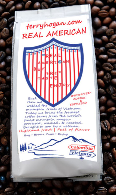 Shield logo on back of 12 oz bag of dark roasted whole-bean espresso coffee beans, imported from Colombia.