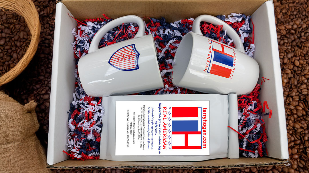 Set of two coffee cups and 12 oz. bag of Real American dark roasted espresso beans. Imported form Colombia by a veteran at "terryhogan.com."
